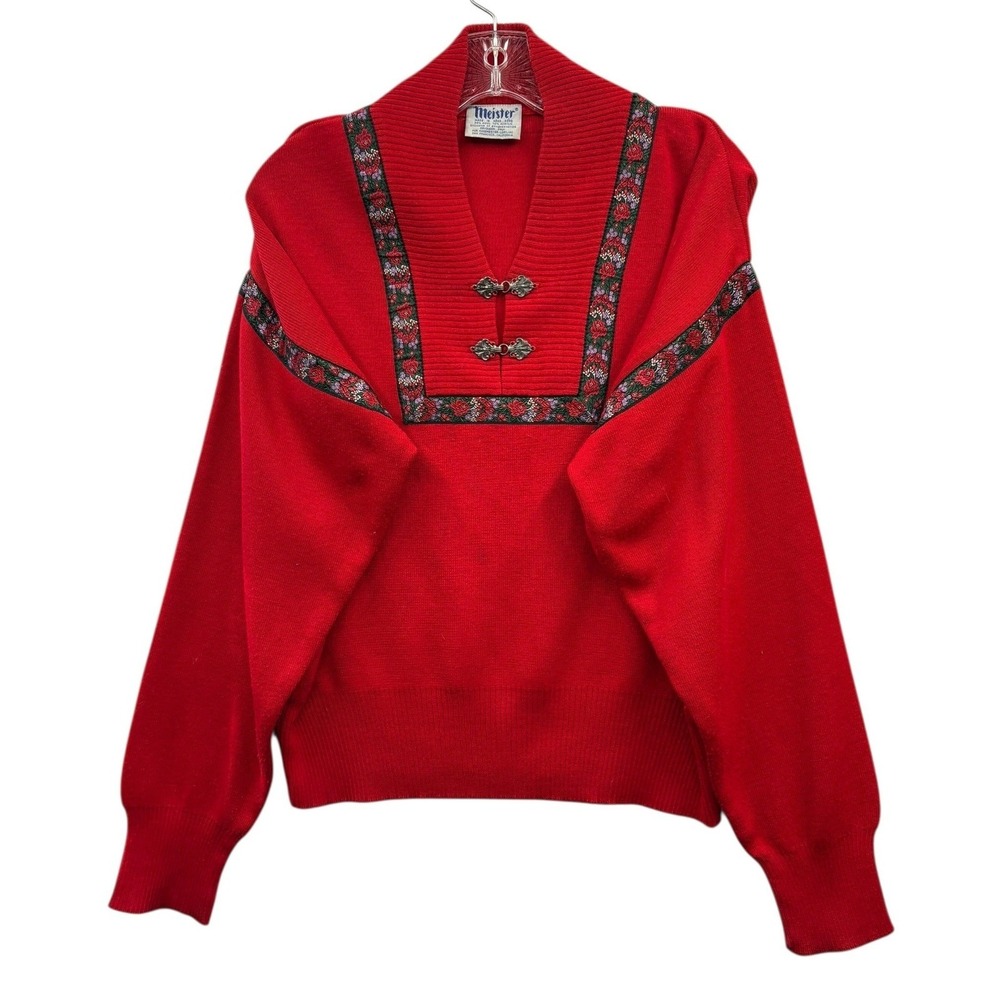 Vintage Meister Red Wool Blend Sweater Metal Clasp Floral Trim Nordic Folk M